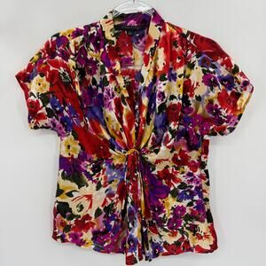 ANNE KLEIN Women Silk Gathered Front Blouse Size 8P Watercolor V-Neck Suit Layer